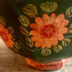 Vintage Japanese Hand Painted Floral Wood Bowl Lacquerware Boho Cottage Decor